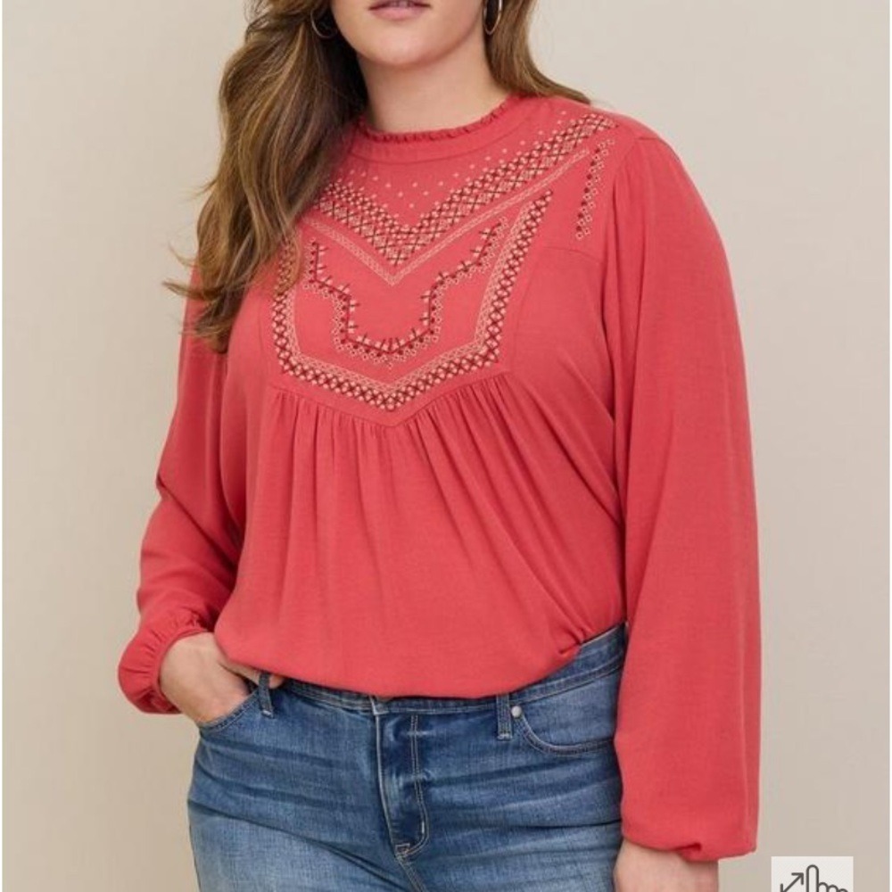 Torrid Crinkle‎ Gauze Relaxed Embroidered Blouse Baked Apple Red Plus Size 2 2X